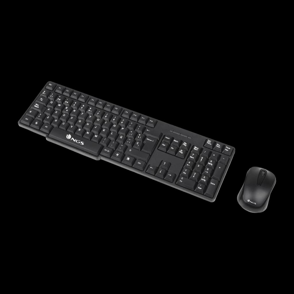NGS Euphoria Kit preto, vista em ângulo: teclado sem fios e rato preto sobre fundo escuro