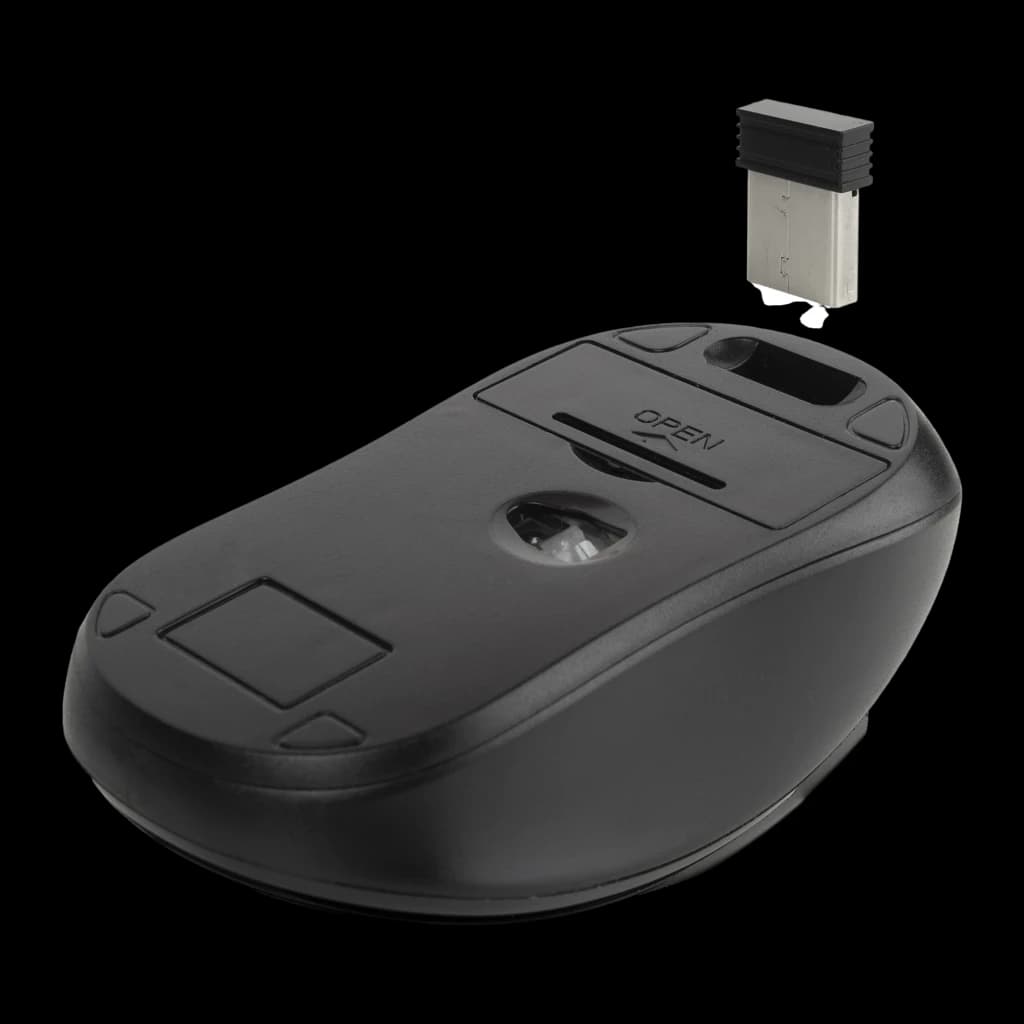 NGS Euphoria Kit preto, parte inferior do rato: sensor ótico, tampa da bateria e nano recetor USB removido