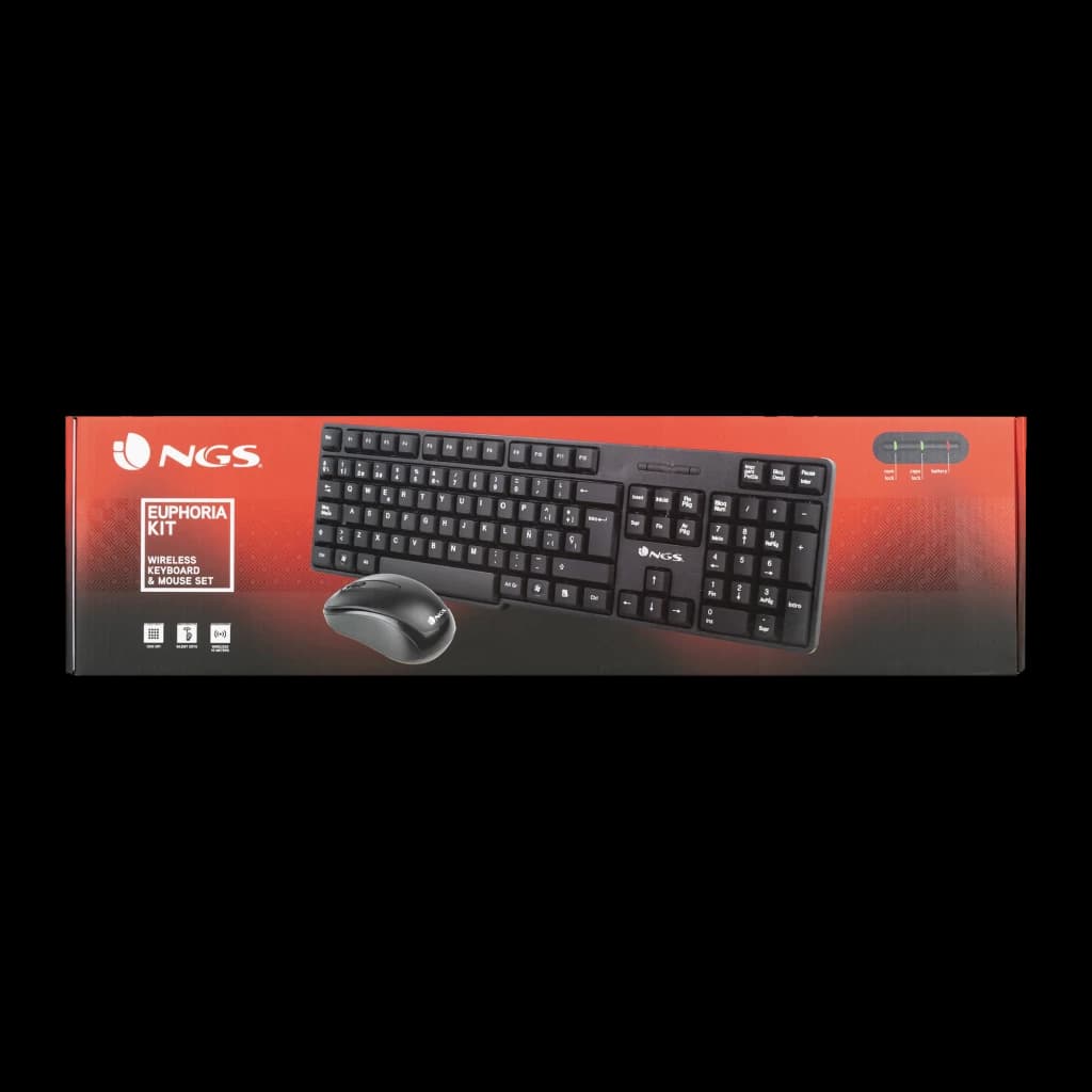 NGS Euphoria Kit preto, caixa: embalagem vermelha com teclado e rato sem fios preto impressos na frente