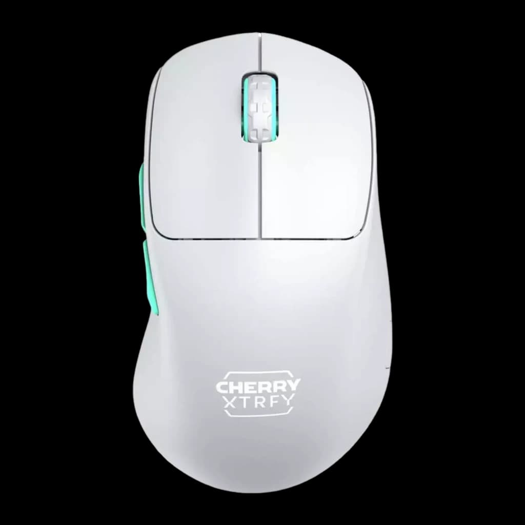 Cherry XTRFY M64 Wireless blanco, vista superior: cuerpo blanco mate, rueda turquesa iluminada y logo XTRFY en la base