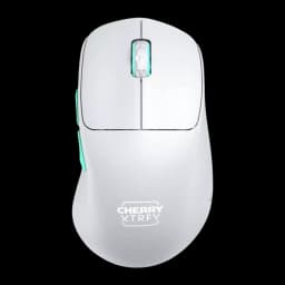 Cherry XTRFY M64 Wireless blanco, vista superior: cuerpo blanco mate, rueda turquesa iluminada y logo XTRFY en la base