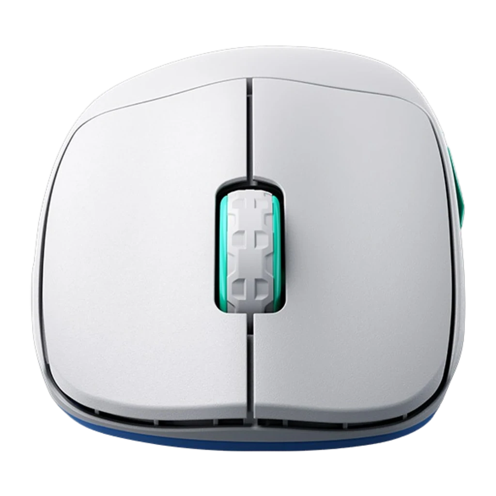 Cherry XTRFY M64 Wireless blanc, vue de dessus: corps blanc mat, molette turquoise éclairée et logo XTRFY sur la base - Ítem1