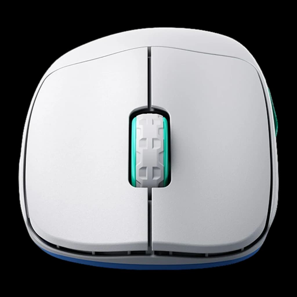 Cherry XTRFY M64 Wireless blanco, vista frontal: rueda turquesa en detalle, botones principales y franja azul inferior