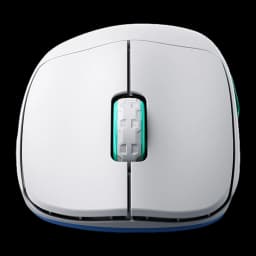 Cherry XTRFY M64 Wireless blanco, vista frontal: rueda turquesa en detalle, botones principales y franja azul inferior