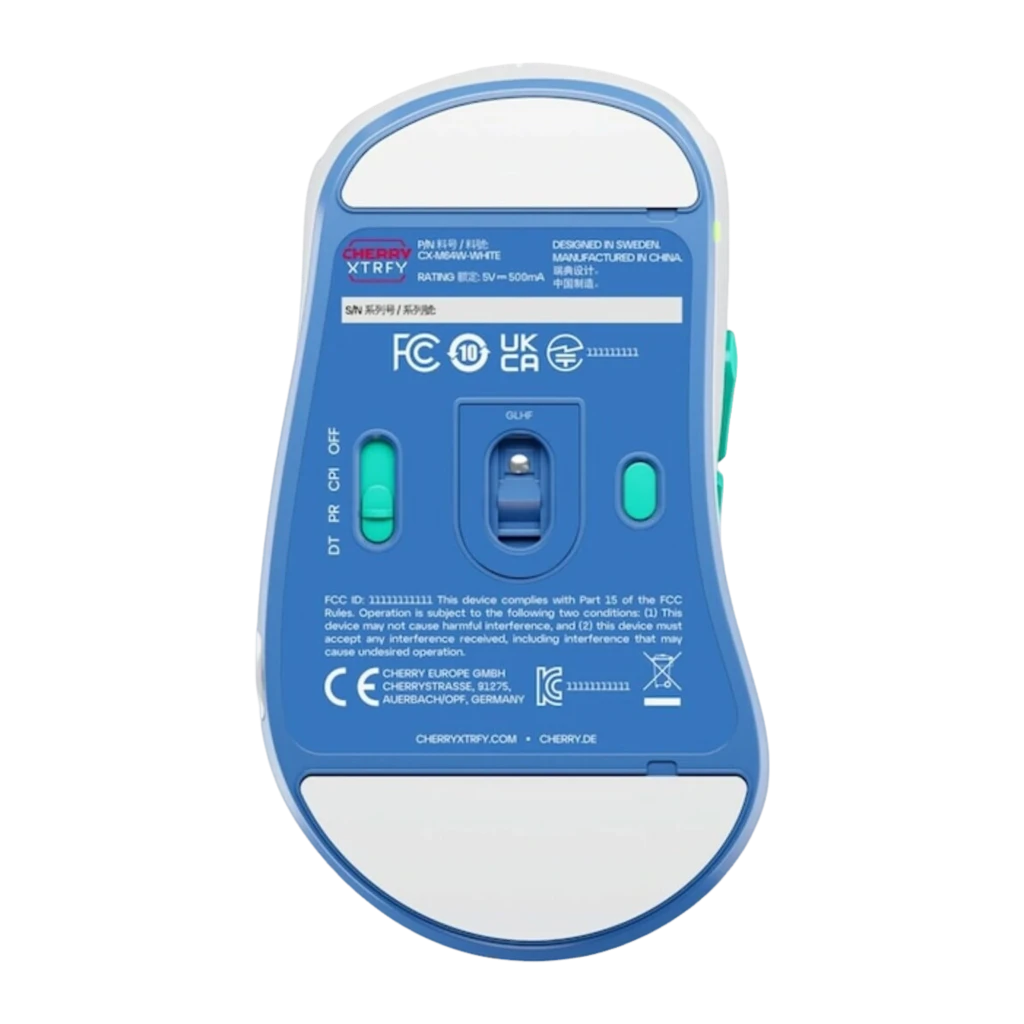 Cherry XTRFY M64 Wireless blanc, vue de dessus: corps blanc mat, molette turquoise éclairée et logo XTRFY sur la base - Ítem2
