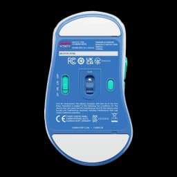Cherry XTRFY M64 Wireless blanco, vista inferior: base azul con sensor óptico, interruptores DPI, CPI y receptor USB