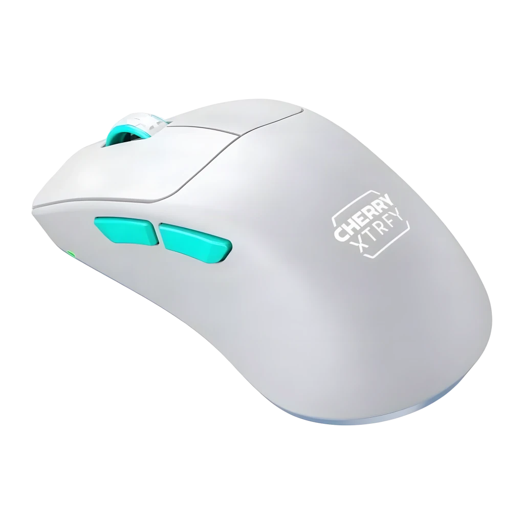 Cherry XTRFY M64 Wireless blanc, vue de dessus: corps blanc mat, molette turquoise éclairée et logo XTRFY sur la base - Ítem4