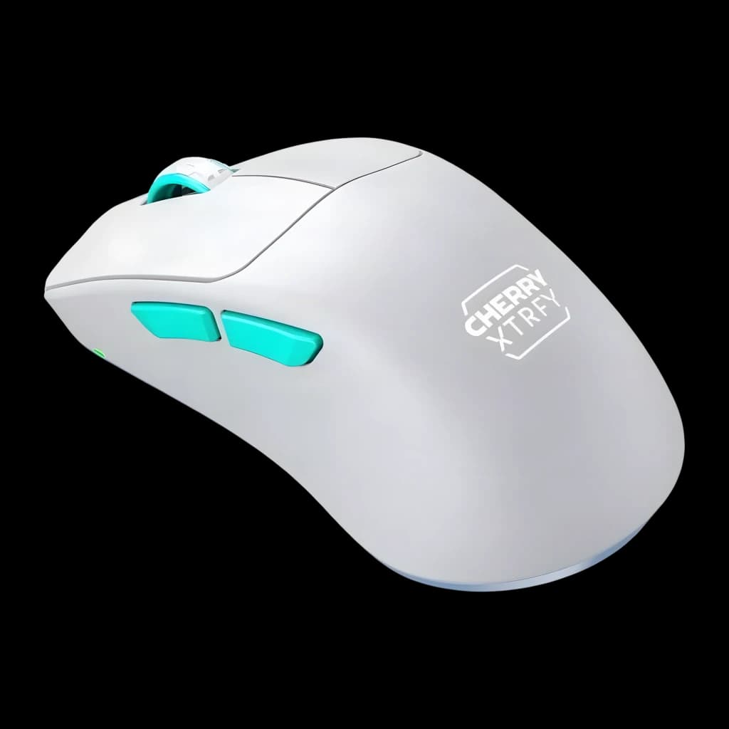 Cherry XTRFY M64 Wireless blanco, vista lateral izquierda: botones turquesa, logo y rueda turquesa visibles