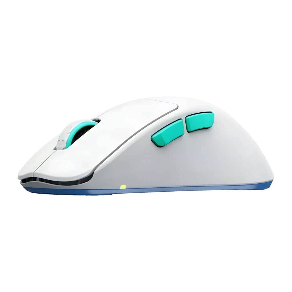 Cherry XTRFY M64 Wireless blanc, vue de dessus: corps blanc mat, molette turquoise éclairée et logo XTRFY sur la base - Ítem5
