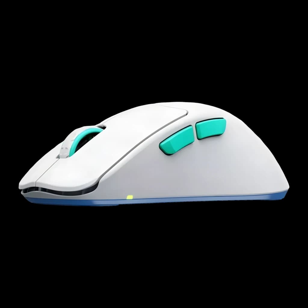 Cherry XTRFY M64 Wireless blanco, vista lateral: botones turquesa laterales, rueda y LED amarillo en la base