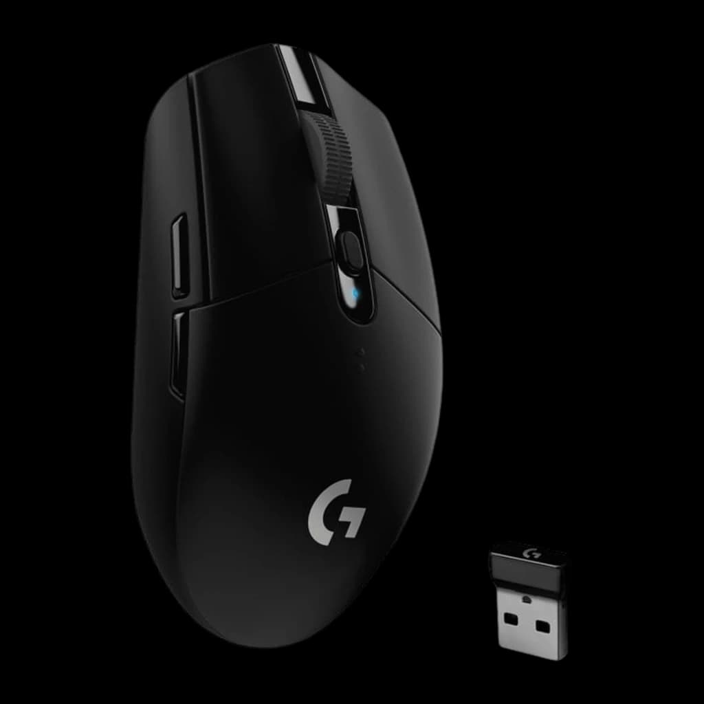 Logitech Souris G305 Lightspeed Noir, kit complet: souris en perspective frontale avec récepteur USB Lightspeed