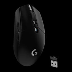 Logitech Souris G305 Lightspeed Noir, kit complet: souris en perspective frontale avec récepteur USB Lightspeed