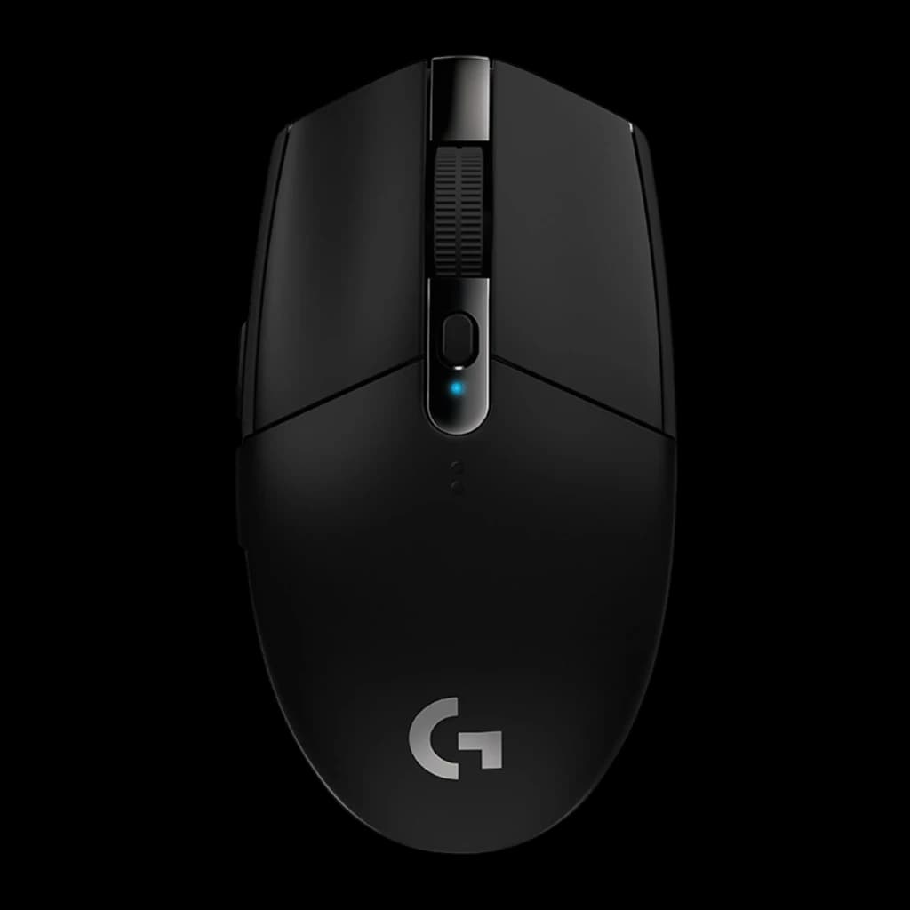 Logitech Souris G305 Lightspeed Noir, vue de dessus: molette texturée, bouton DPI et logo G argenté