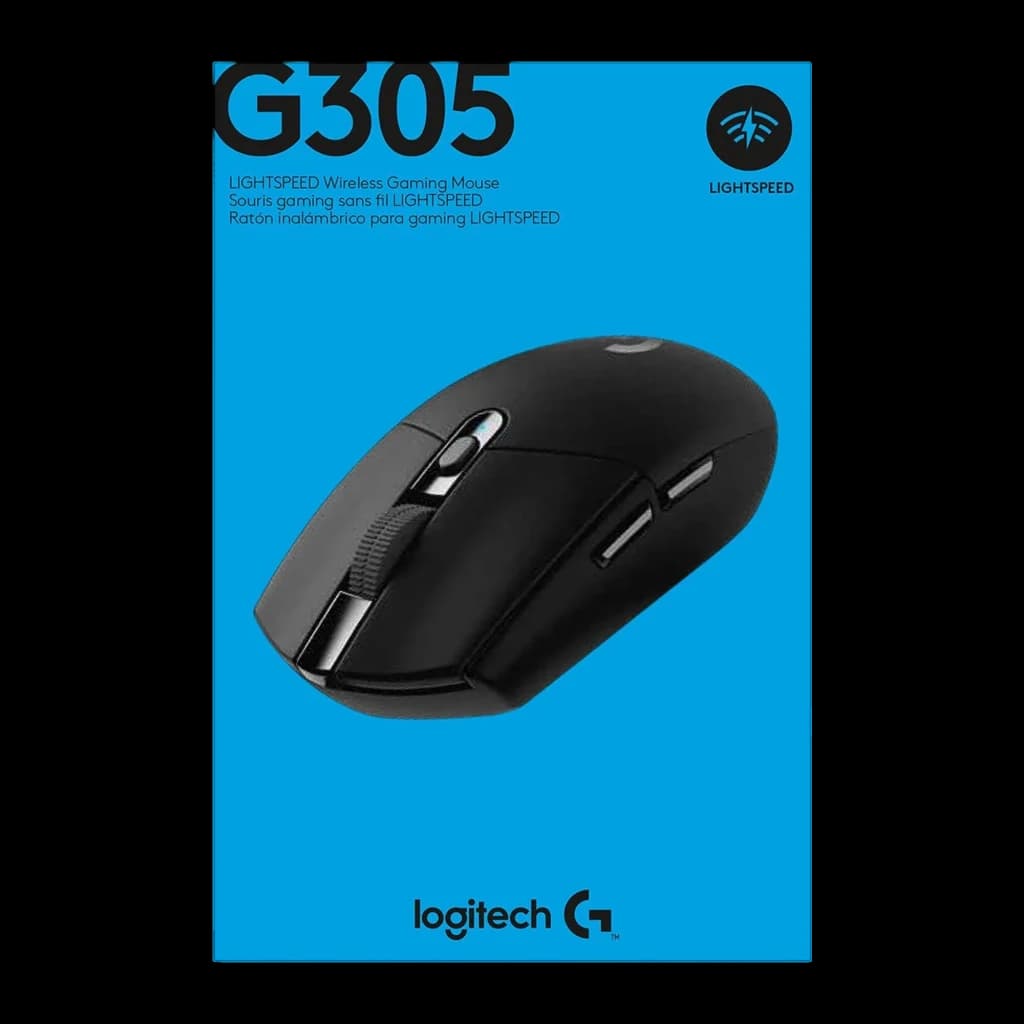 Logitech Souris G305 Lightspeed noir, boîte: packaging bleu avec souris noire et logo Logitech G