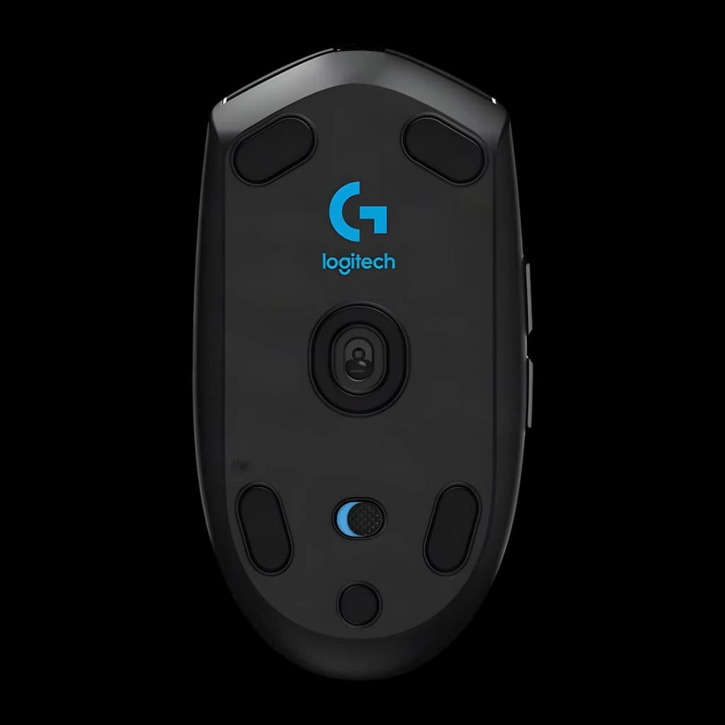 Logitech Souris G305 Lightspeed Noir, vue inférieure: patins, capteur optique, logo G bleu et récepteur USB