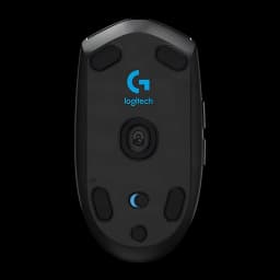 Logitech Souris G305 Lightspeed Noir, vue inférieure: patins, capteur optique, logo G bleu et récepteur USB