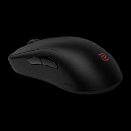 ZOWIE S2-DW noir, vue diagonale supérieure: profil ergonomique, boutons latéraux et logo rouge sur coque mate