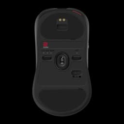 ZOWIE S2-DW noir, vue inférieure: capteur optique, broches de charge, sélecteur DPI et interrupteur d'alimentation