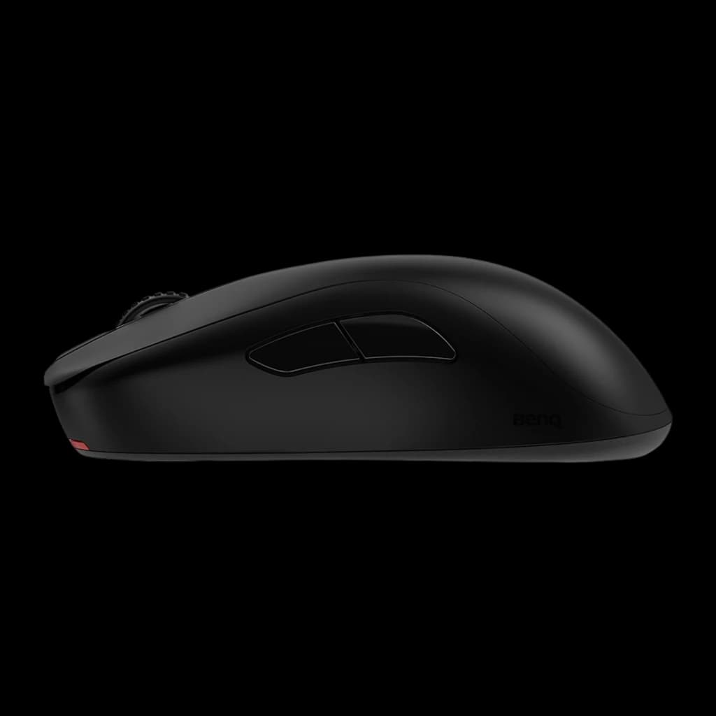 ZOWIE S2-DW noir, vue latérale droite: profil bas, courbe de la coque et détail rouge à la base