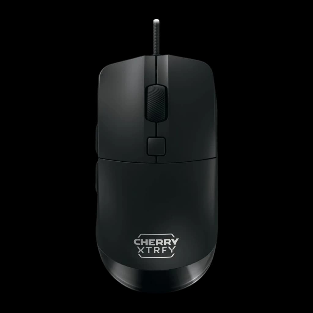 Cherry Xtrfy M50 negro, vista superior: rueda con textura, botón DPI central y logo Cherry Xtrfy en la base