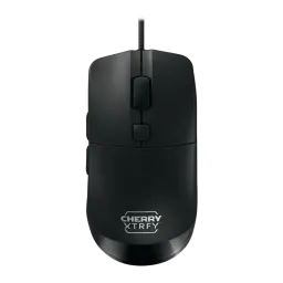 Cherry Xtrfy M50 negro, vista superior: rueda con textura, botón DPI central y logo Cherry Xtrfy en la base