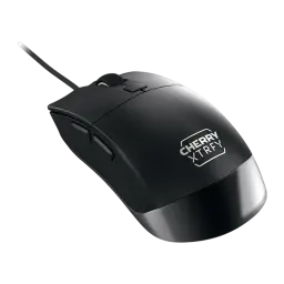 Cherry Xtrfy M50 negro, vista lateral en perspectiva: botones laterales, perfil ergonómico y cable trenzado