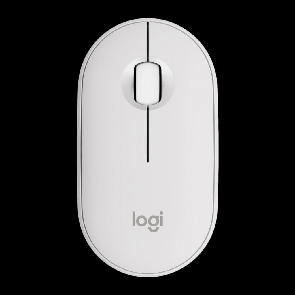 Logitech Ratón Pebble 2 M350s Blanco, vista superior: rueda central, botones y logo logi sobre fondo negro