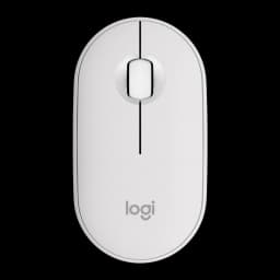 Logitech Ratón Pebble 2 M350s Blanco, vista superior: rueda central, botones y logo logi sobre fondo negro