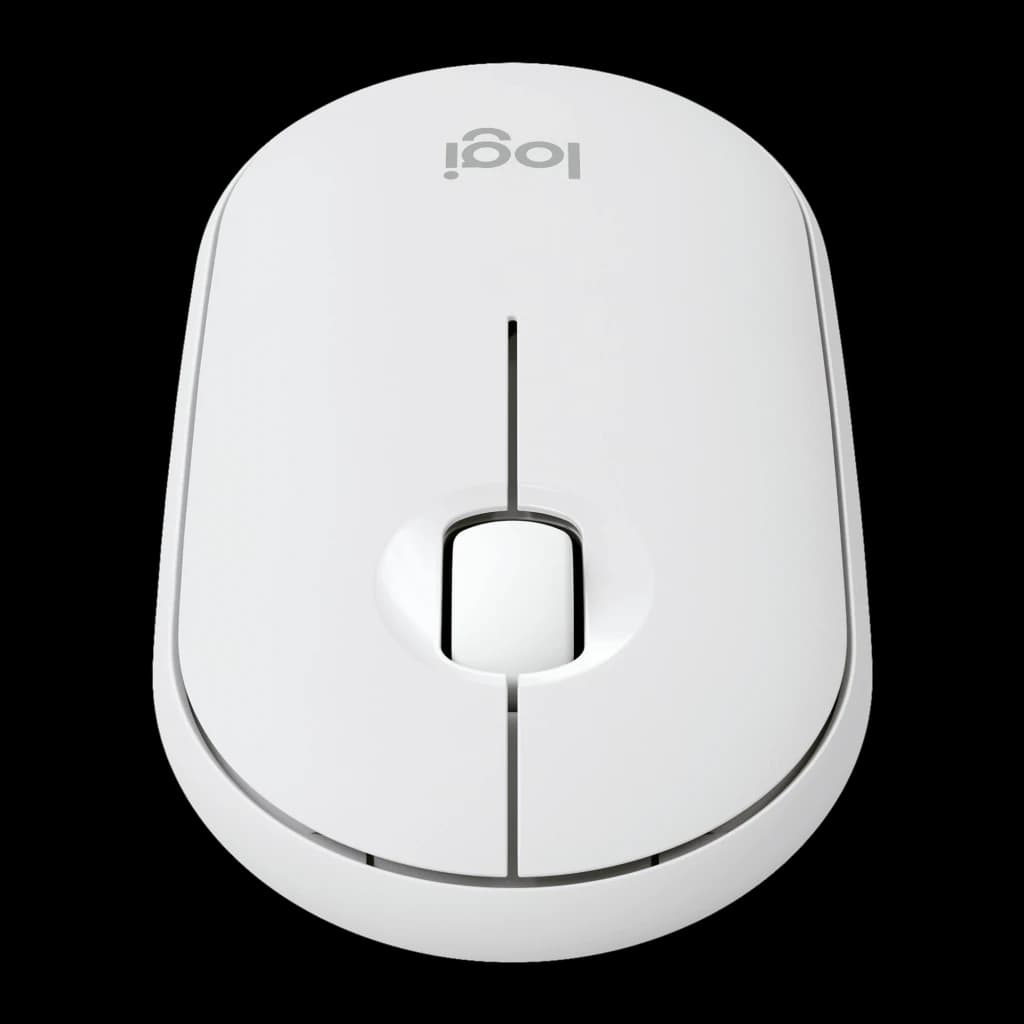 Logitech Pebble 2 M350s Blanco, vista superior: rueda de scroll central y logo logi sobre fondo negro