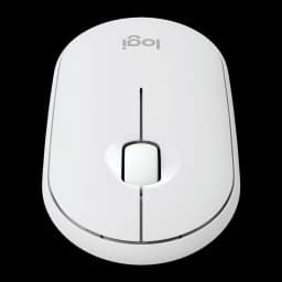 Logitech Pebble 2 M350s Blanco, vista superior: rueda de scroll central y logo logi sobre fondo negro