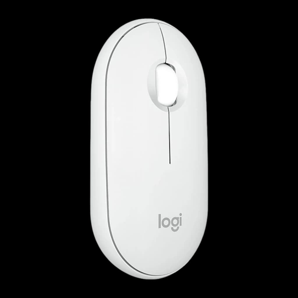 Logitech Pebble 2 M350s Blanco, vista frontal: diseño ovalado, rueda central y logo logi sobre fondo negro