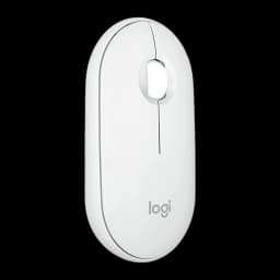 Logitech Pebble 2 M350s Blanco, vista frontal: diseño ovalado, rueda central y logo logi sobre fondo negro