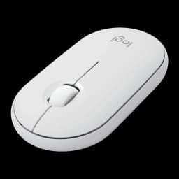 Logitech Pebble 2 M350s Blanco, vista en perspectiva: ángulo superior que muestra perfil plano, rueda y logo logi