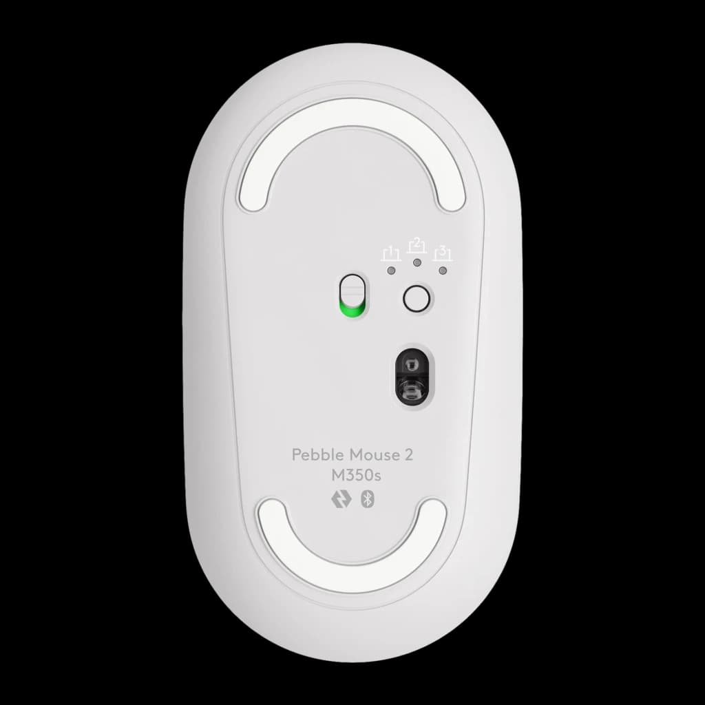 Logitech Pebble 2 M350s Blanco, vista inferior: sensor óptico, botón Easy-Switch 3 dispositivos y receptor USB