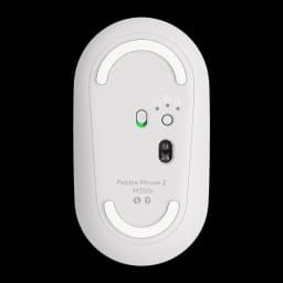 Logitech Pebble 2 M350s Blanco, vista inferior: sensor óptico, botón Easy-Switch 3 dispositivos y receptor USB