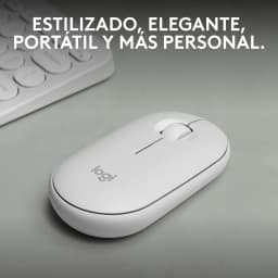 Logitech Ratón Pebble 2 M350s Blanco, vista superior en escritorio: perfil compacto, rueda central y logo logi visibles