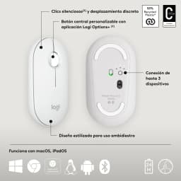 Logitech Ratón Pebble 2 M350s Blanco, vistas superior e inferior: diseño ambidiestro, botón central y selector de 3