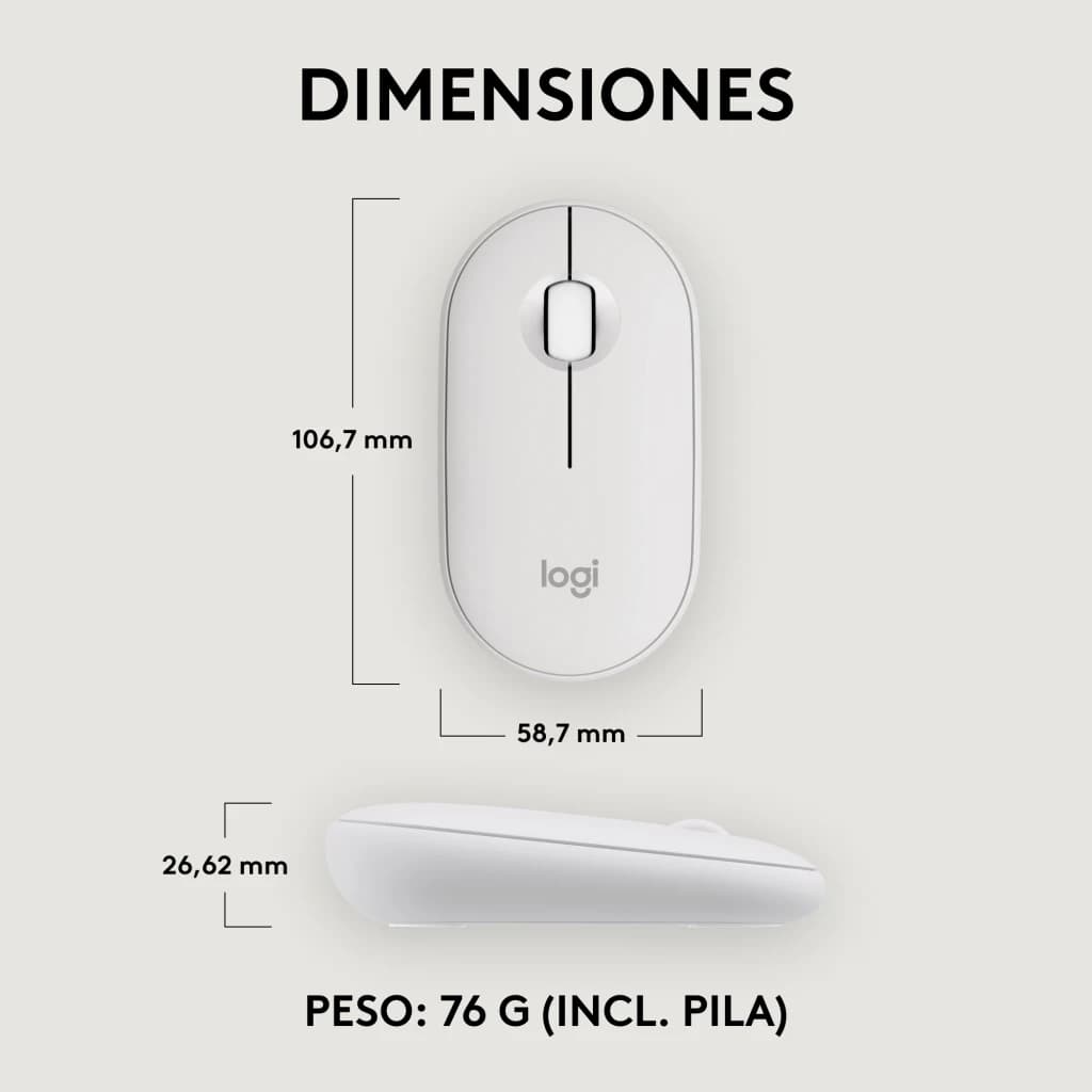 Logitech Ratón Pebble 2 M350s Blanco, dimensiones: vista superior y lateral con medidas 106,7x58,7x26,62 mm y peso 76 g