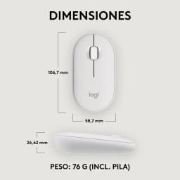 Logitech Ratón Pebble 2 M350s Blanco, dimensiones: vista superior y lateral con medidas 106,7x58,7x26,62 mm y peso 76 g