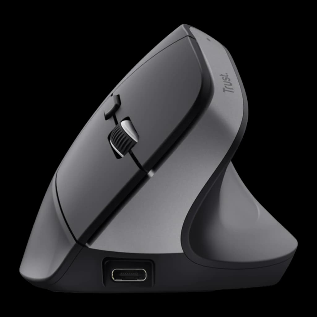 Trust Bayo+ Ergonómico 2400 dpi Negro, vista frontal: rueda de desplazamiento, botón DPI, puerto USB-C en base y logo Trust