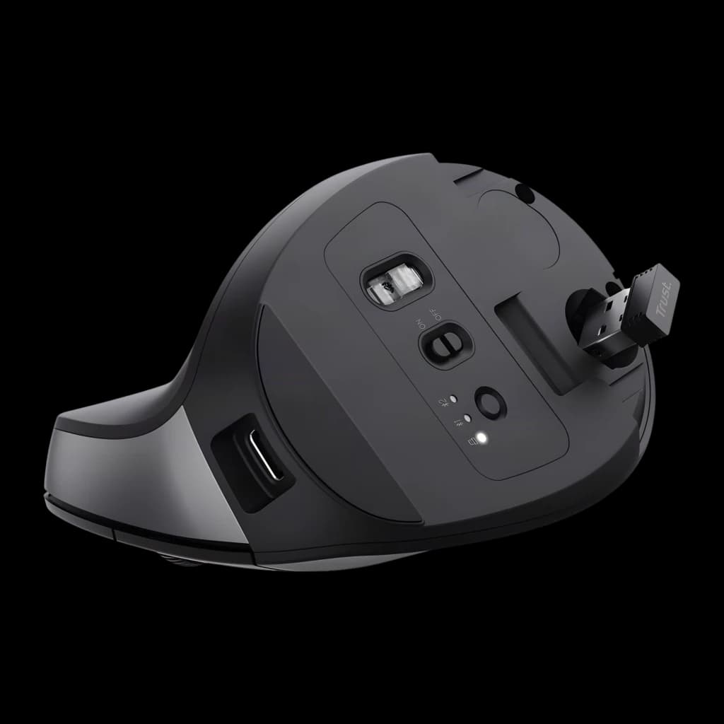 Trust Bayo+ Ergonómico 2400 dpi Negro, vista inferior: sensor óptico, interruptor on/off y nano receptor USB extraído
