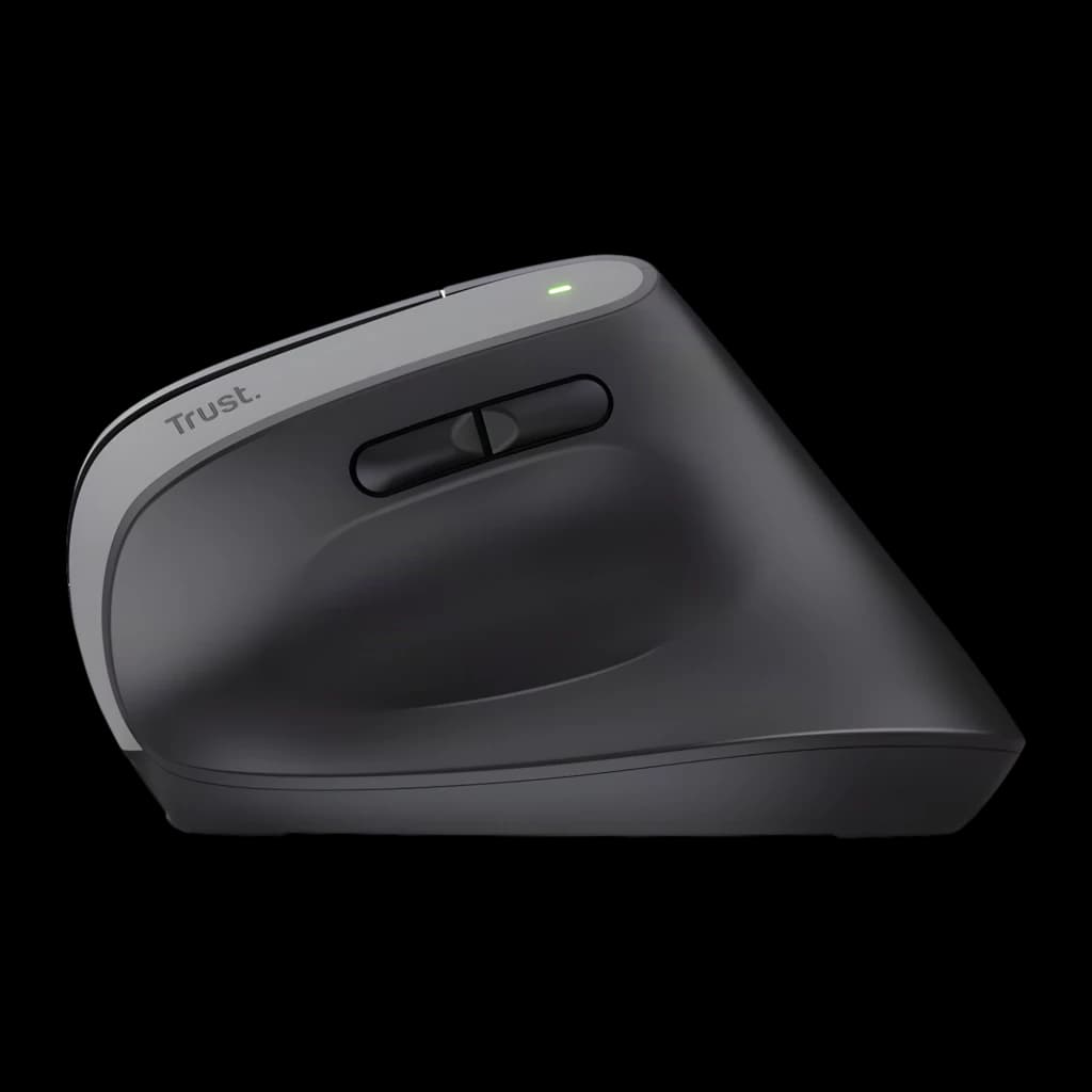 Trust Bayo+ Ergonómico 2400 dpi Negro, vista lateral: perfil vertical ergonómico, rueda central y LED verde encendido