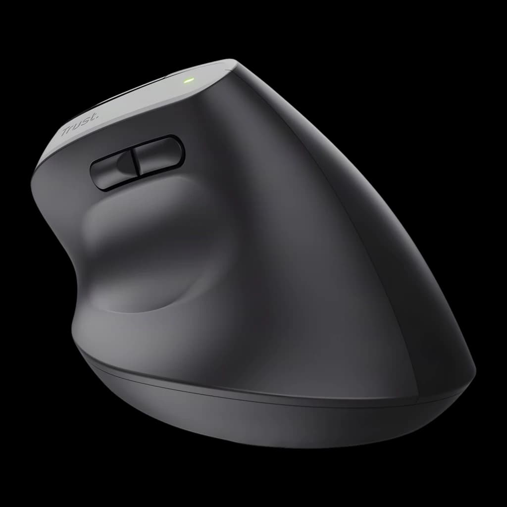 Trust Bayo+ Ergonómico 2400 dpi Negro, vista lateral: diseño vertical ergonómico, botones laterales y LED verde en la parte