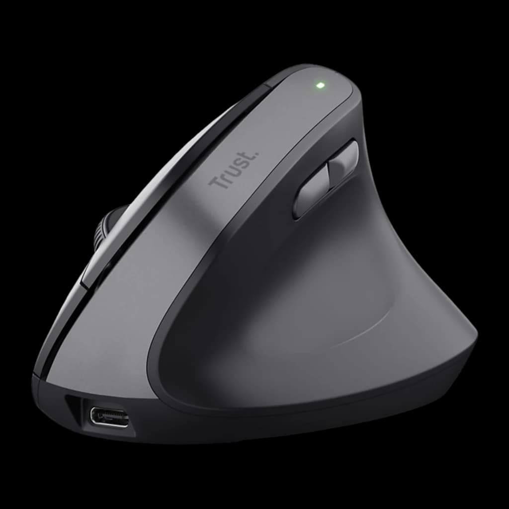 Trust Bayo+ Ergonómico 2400 dpi Negro, vista lateral derecha: forma vertical, logo Trust, LED verde, botones laterales