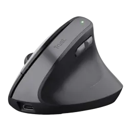 Trust Bayo+ Ergonómico 2400 dpi Negro, vista lateral derecha: forma vertical, logo Trust, LED verde, botones laterales