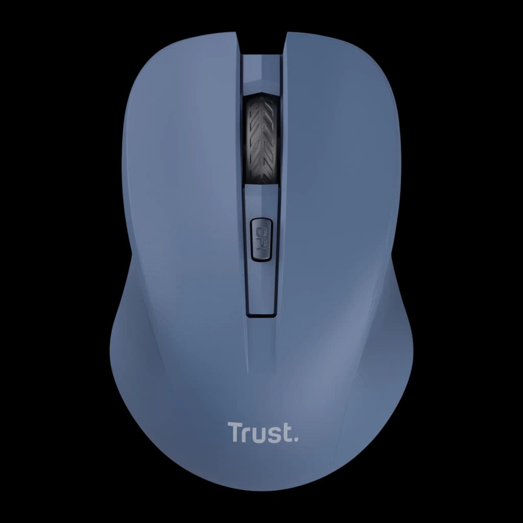 Trust Mydo Silent bleu, vue du dessus: molette texturée, bouton DPI central et logo Trust sur corps mat