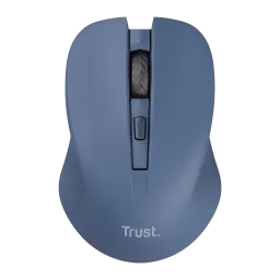 Trust Mydo Silent bleu, vue du dessus: molette texturée, bouton DPI central et logo Trust sur corps mat
