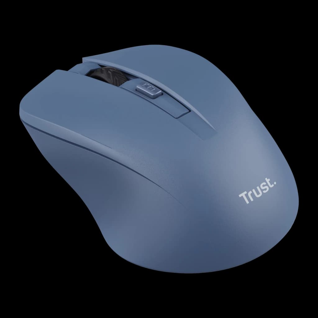 Trust Mydo Silent bleu, vue en perspective: profil ergonomique, molette et bouton DPI visibles de côté