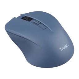 Trust Mydo Silent bleu, vue en perspective: profil ergonomique, molette et bouton DPI visibles de côté