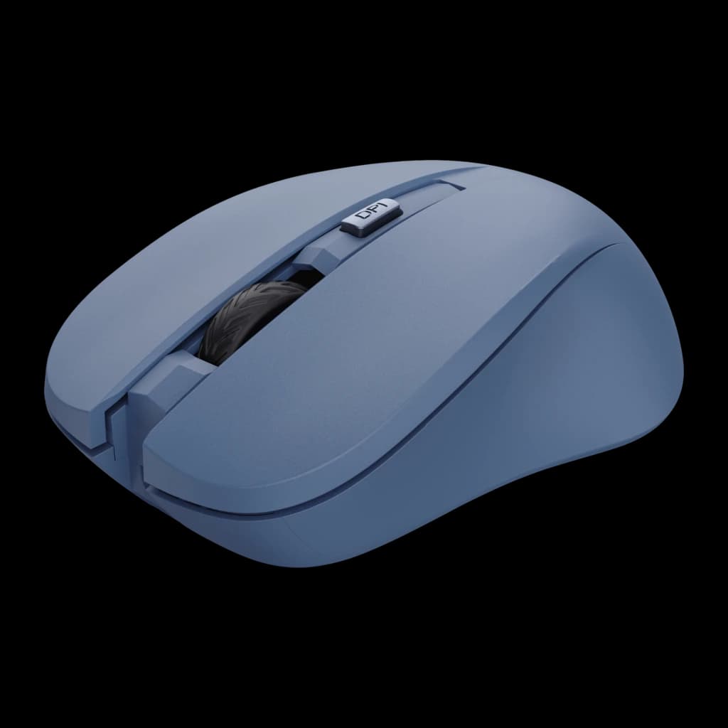 Trust Mydo Silent bleu, vue latérale en angle: molette et bouton DPI visibles sur le corps mat